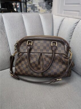 Louis Vuitton Brown Checkered Satchel with Gold Hardware